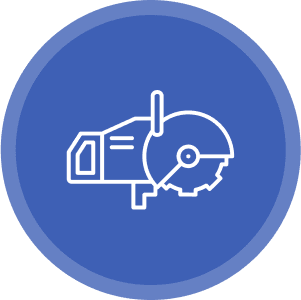 Icon of a circular saw within a blue circle. The saw features a handle and a toothed blade.