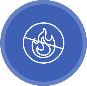 A blue circular icon with a white line drawing of a flame crossed out by a diagonal line, indicating a flame or fire prohibition.