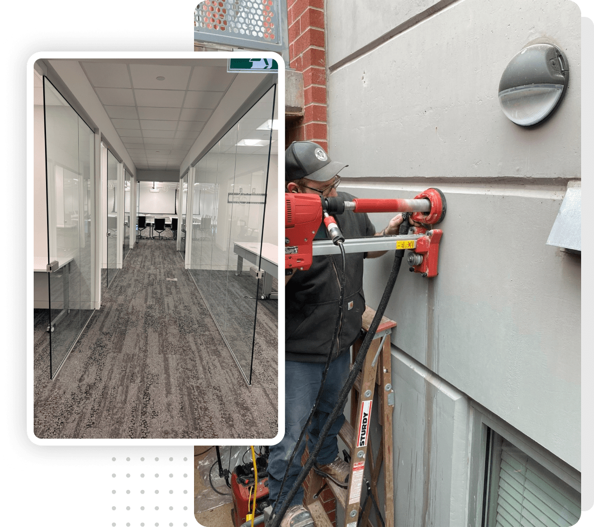 Worker on ladder using a red drill on a concrete wall. Inset image shows an empty corridor with glass walls and gray carpet in an office setting.