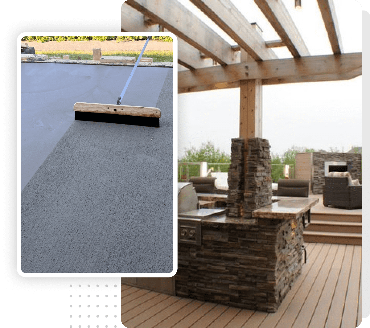 Split image: Left shows a squeegee spreading grey coating on a floor; right shows a patio with outdoor furniture and a stone barbecue under a wooden pergola.